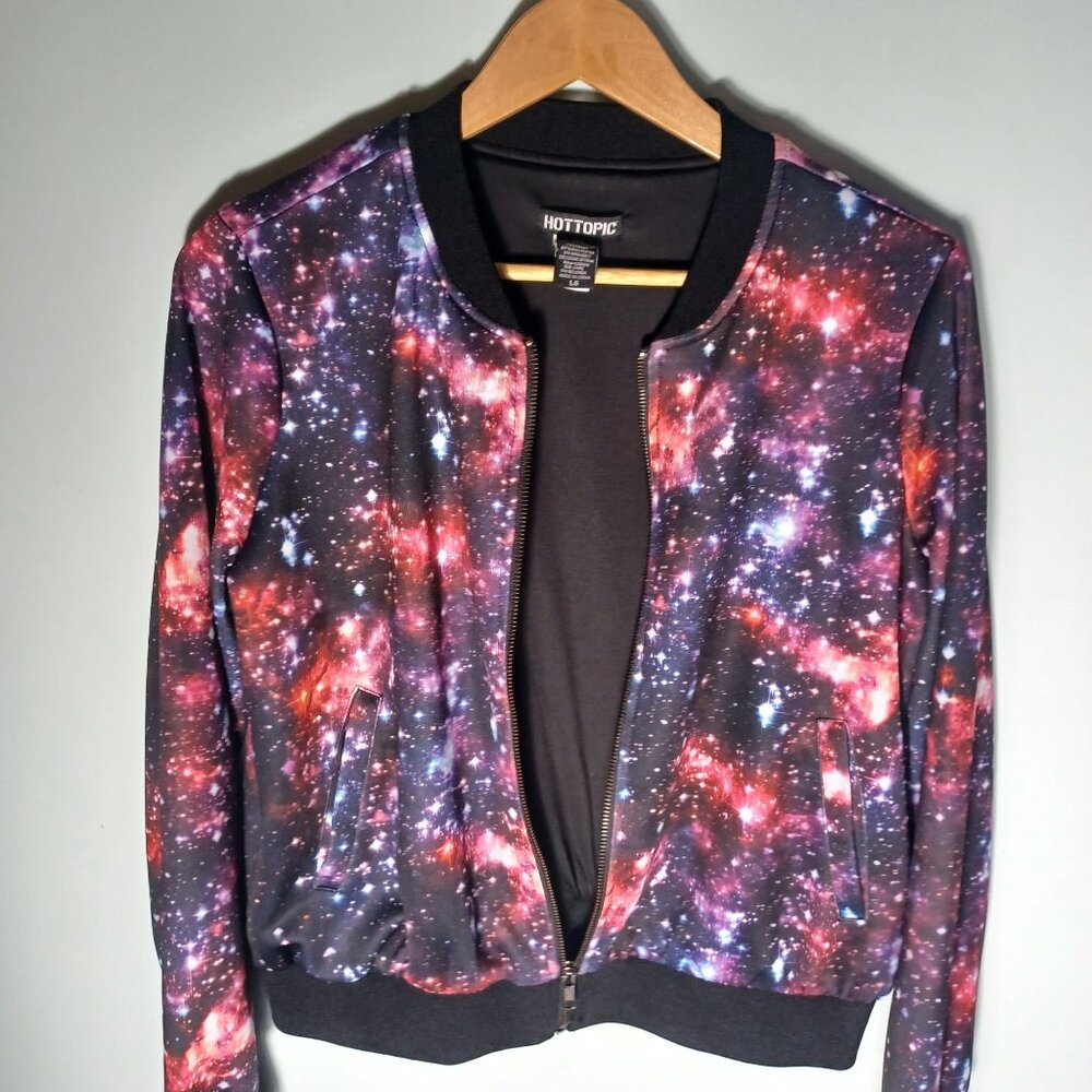 Hot Topic Bomber Jacket Womens Large Galaxy Stars Spacecore Purple Punk Skater - Picture 9 of 10